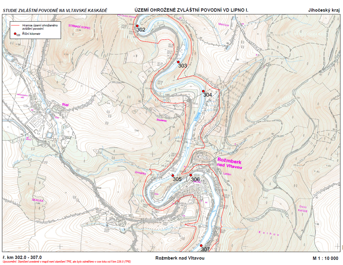 Mapa potencionálně zasaženého území při zvláštní povodni na nádrži Lipno I