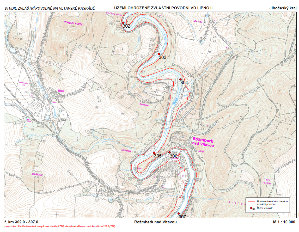 Mapa potencionálně zasaženého území při zvláštní povodni na nádrži Lipno II