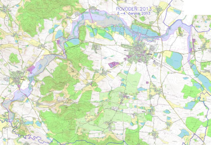 Mapa zaplaveného území města Vodňany v červnu 2013
