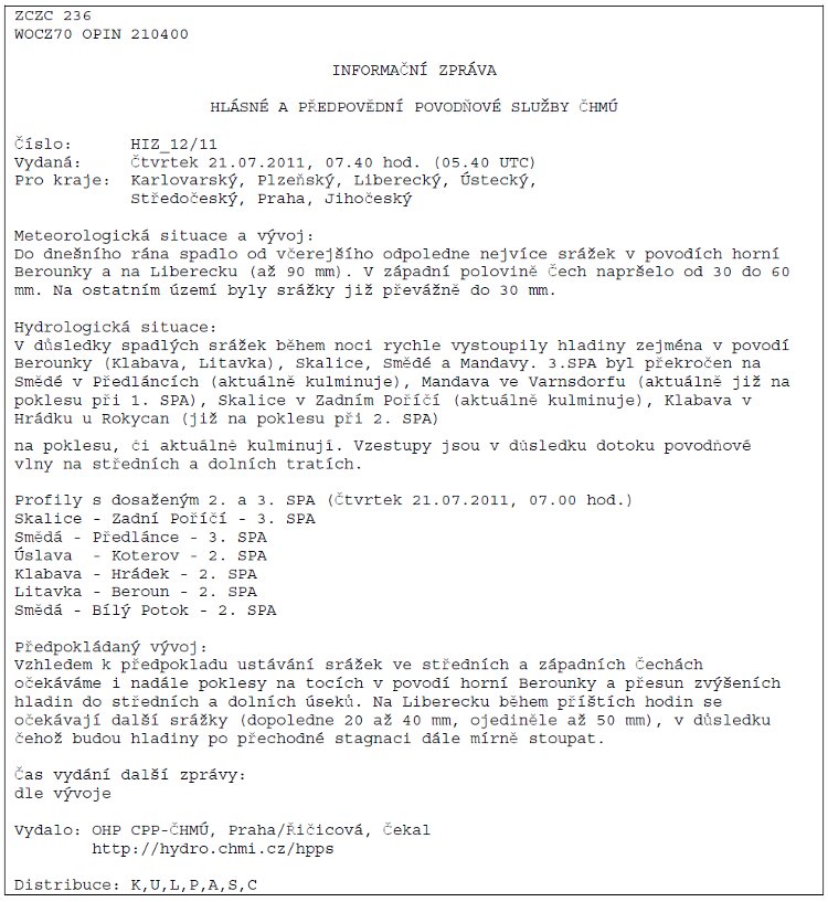 Obrázek – Příklad hydrologické informační zprávy ČHMÚ 