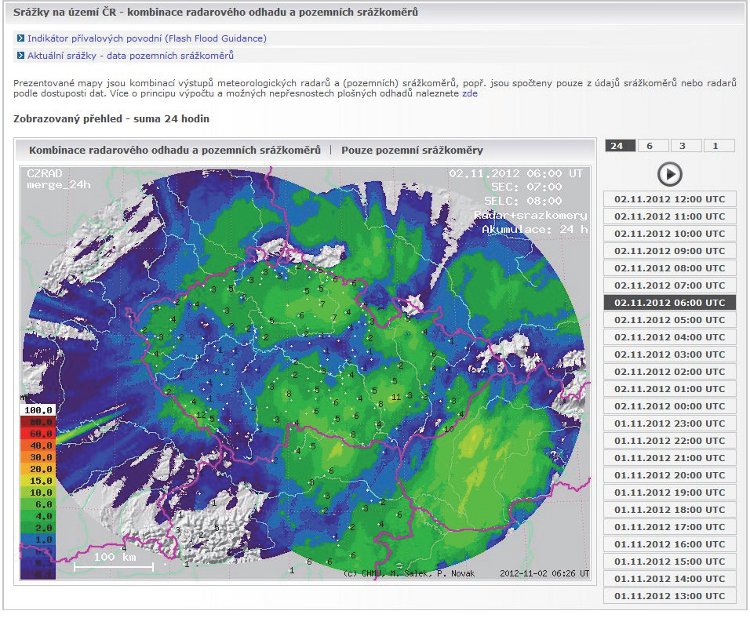 Obrázek - sdružená srážková informace, mapa v gridu 1×1 km obsahující srážkové úhrny za zvolený interval. Lze volit srážkovou mapu odvozenou pouze z pozemních stanic nebo kombinaci pozemních stanic a radarového odhadu. Časový interval je volitelný, zobrazit lze srážky za 1, 3, 6 nebo 24 hodin. 