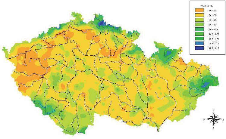 Obrázek – Rozložení 24hodinové srážky s průměrnou dobou opakování 20 let 