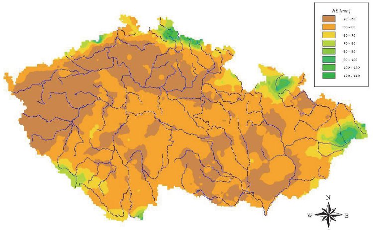 Obrázek – Rozložení 24hodinové srážky s průměrnou dobou opakování 5 let 