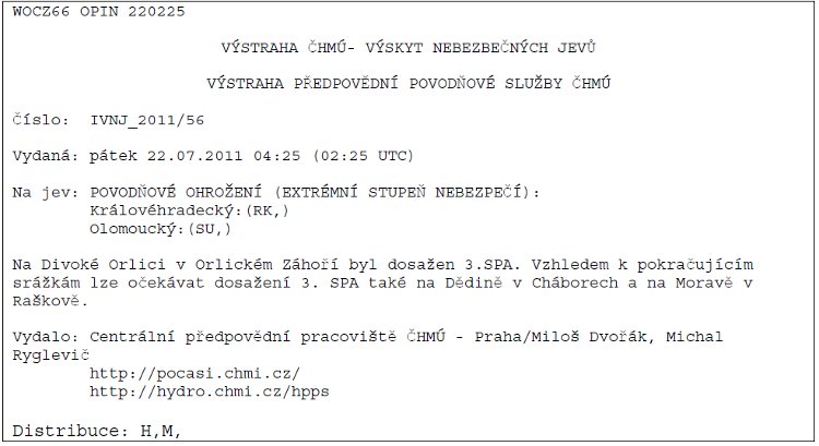 Obrázek – Příklad výstrahy ČHMÚ na výskyt nebezpečných jevů 